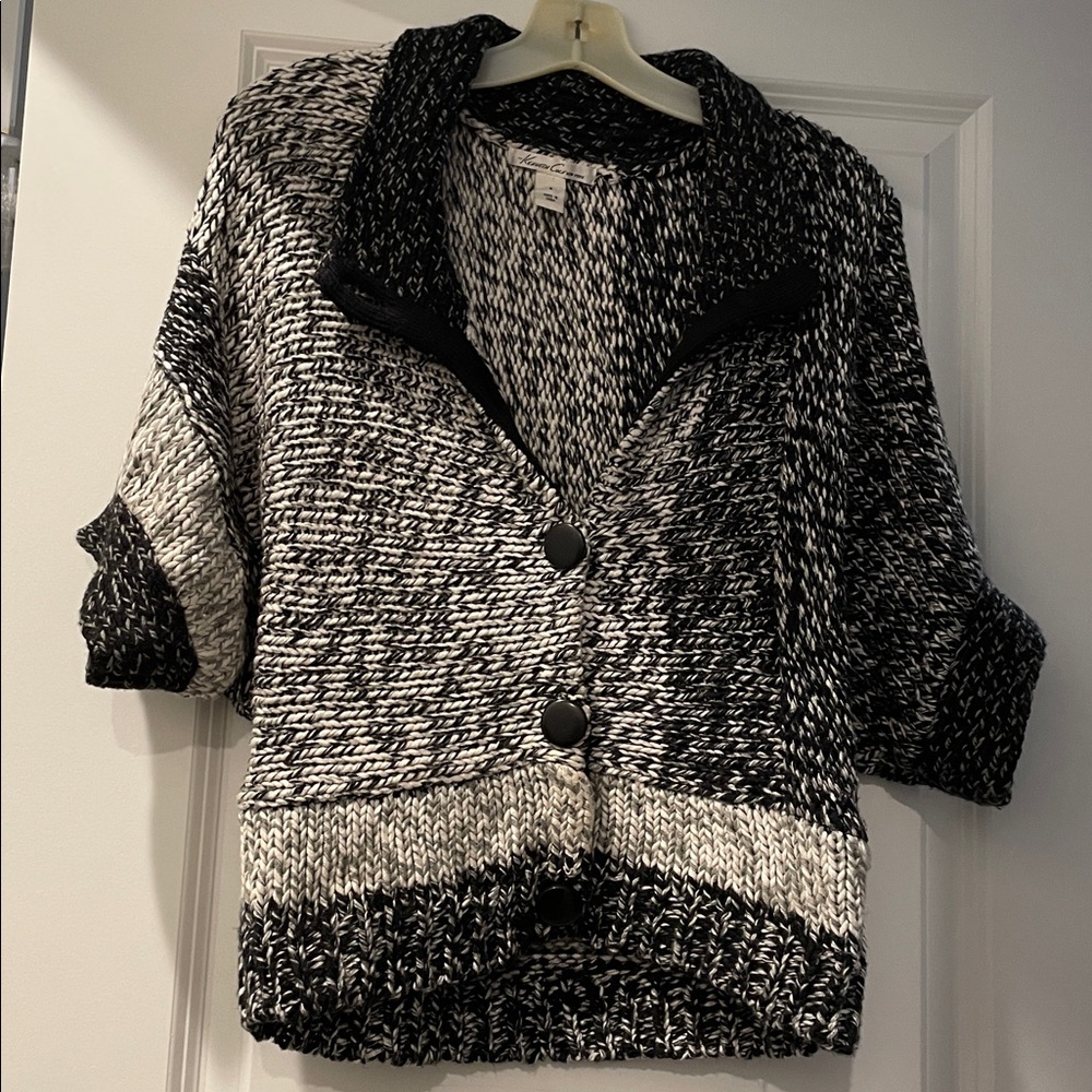 Kenneth Cole MiniCardigan SizeS Black White Chunky Artsy Baggy Modern Bohemian